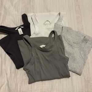 Set of Four Ribbed Tank Tops in Dark Gray, White, Green, and Light Gray